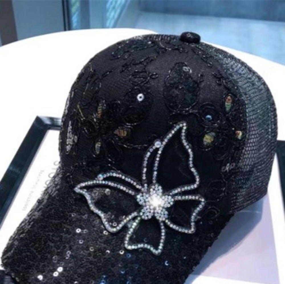 Cap Sequin Rhinestone Butterfly 🦋 Black NWT